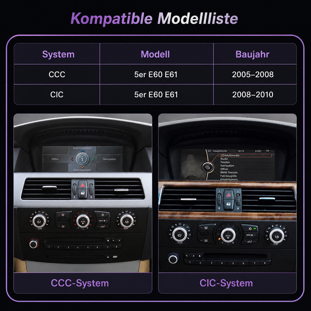 Touchscreen for BMW 5 Series E60/E61 with CCC or CIC – Wireless CarPlay & Android Auto